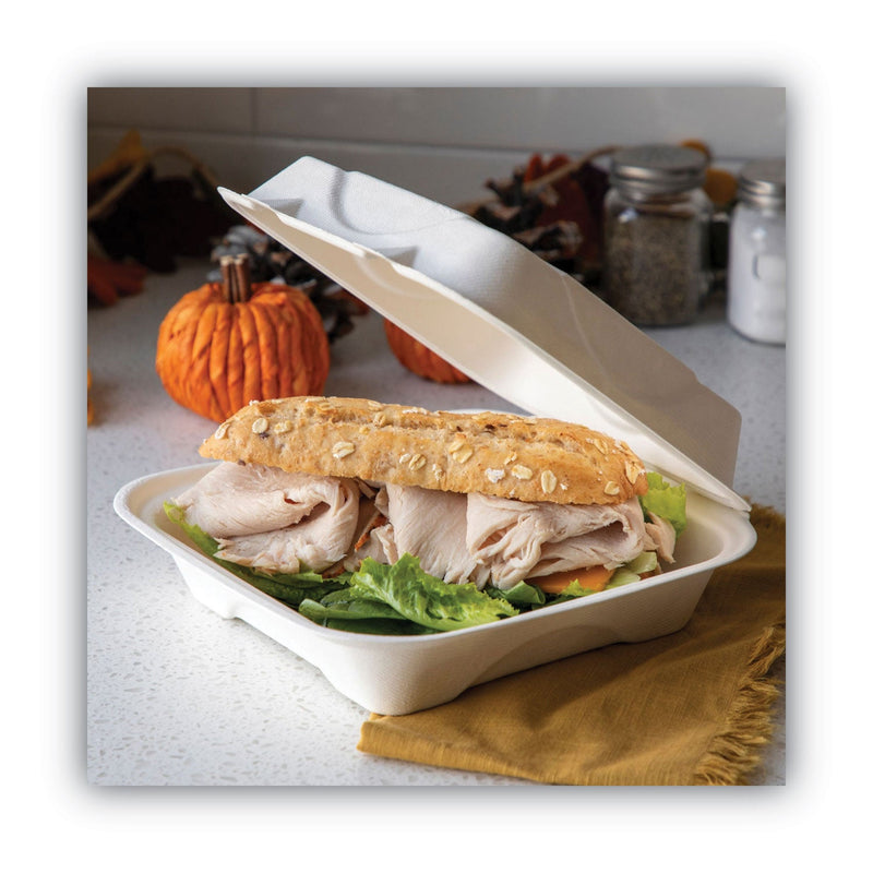 Eco-Products Renewable and Compostable Sugarcane Clamshells, 9 x 9 x 3, White, 50/Pack, 4 Packs/Carton