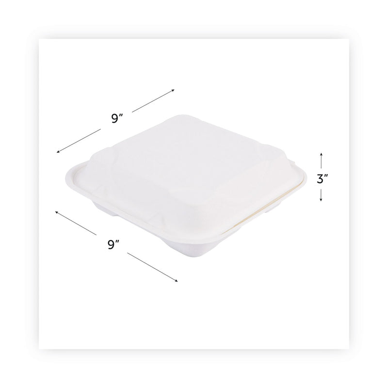 Eco-Products Renewable and Compost Sugarcane Clamshells, 3-Compartment, 9 x 9 x 3, White, 50/Pack, 4 Packs/Carton