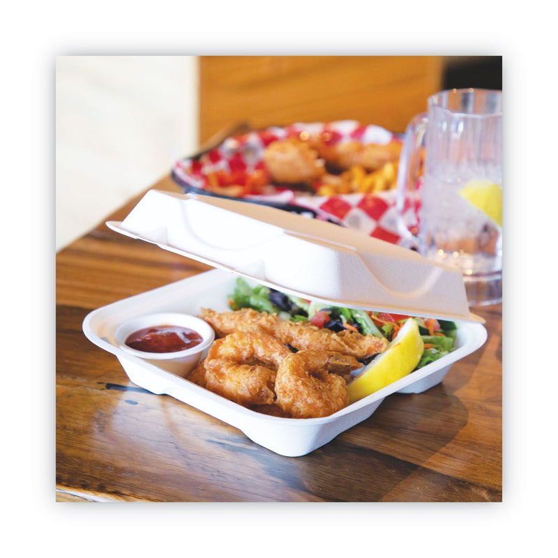 Eco-Products Renewable and Compost Sugarcane Clamshells, 3-Compartment, 9 x 9 x 3, White, 50/Pack, 4 Packs/Carton