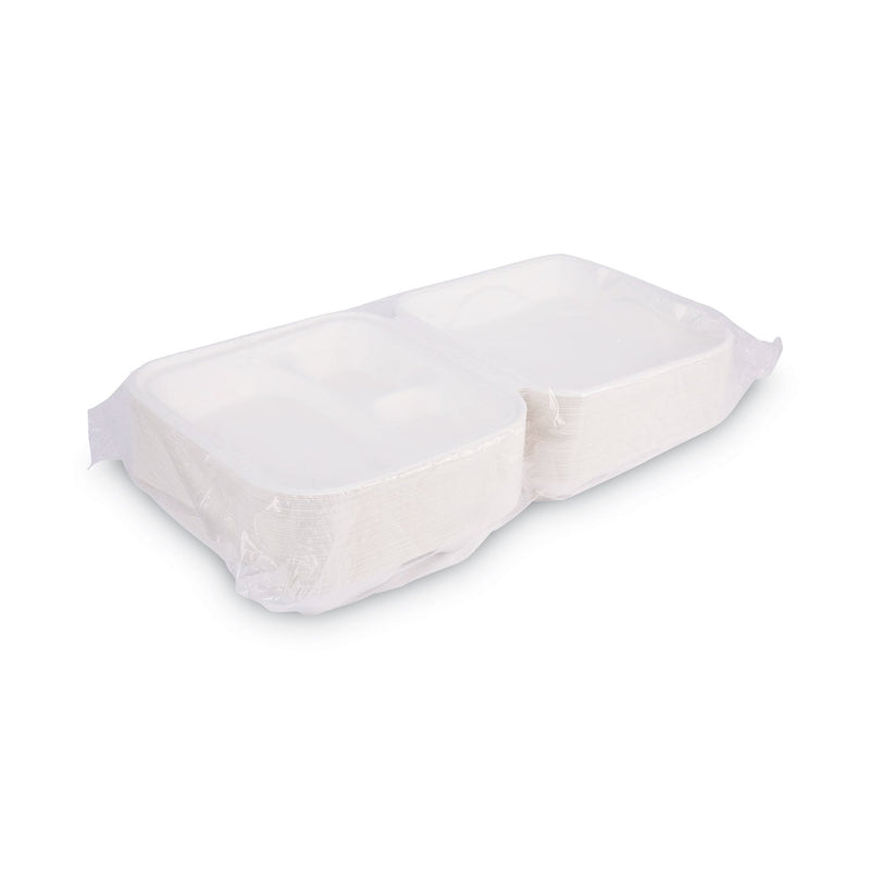 Eco-Products Renewable and Compost Sugarcane Clamshells, 3-Compartment, 9 x 9 x 3, White, 50/Pack, 4 Packs/Carton