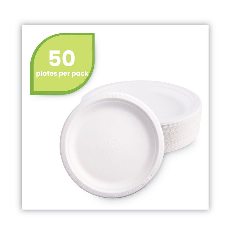 Eco-Products Renewable and Compostable Sugarcane Plates, 9" dia, Natural White, 50/Packs