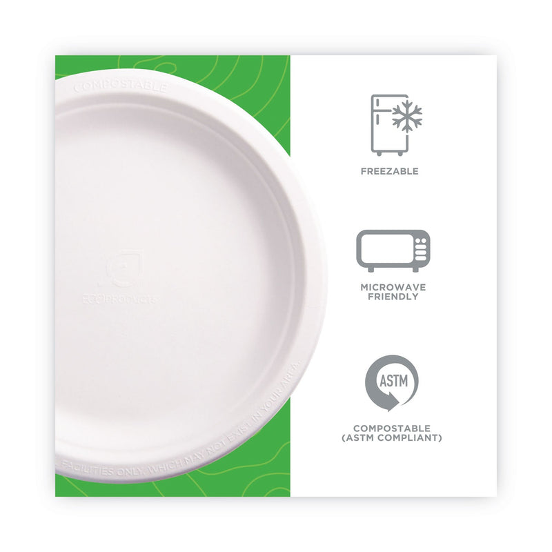 Eco-Products Renewable and Compostable Sugarcane Plates, 9" dia, Natural White, 50/Packs