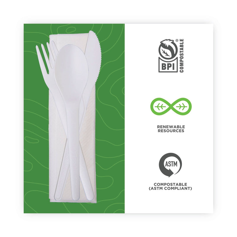 Eco-Products Plantware Compostable Cutlery Kit, Knife/Fork/Spoon/Napkin, 6", Pearl White, 250 Kits/Carton