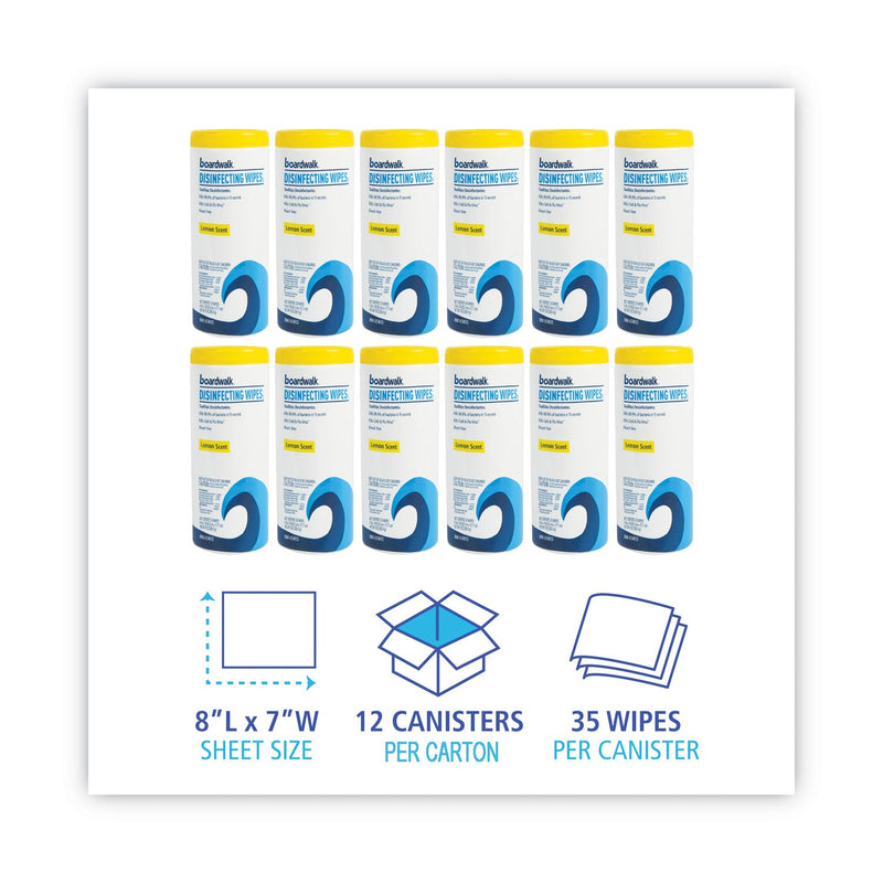 Boardwalk Disinfecting Wipes, 7 x 8, Lemon Scent, 35/Canister, 12 Canisters/Carton