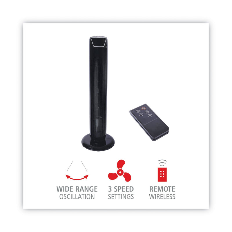 Alera 36" 3-Speed Oscillating Tower Fan with Remote Control, Plastic, Black