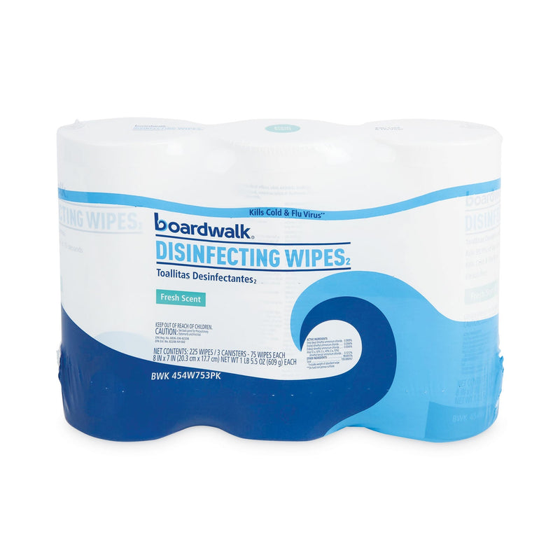 Boardwalk Disinfecting Wipes, 7 x 8, Fresh Scent, 75/Canister, 3 Canisters/Pack