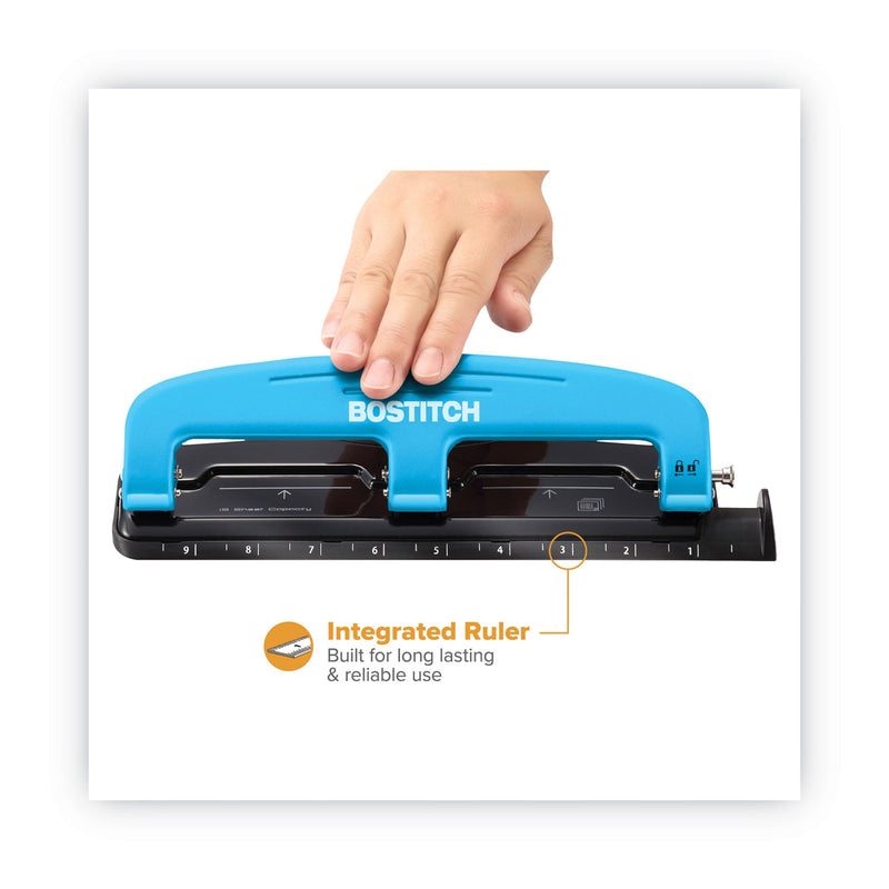 Bostitch 12-Sheet EZ Squeeze Three-Hole Punch, 9/32" Holes, Blue/Black