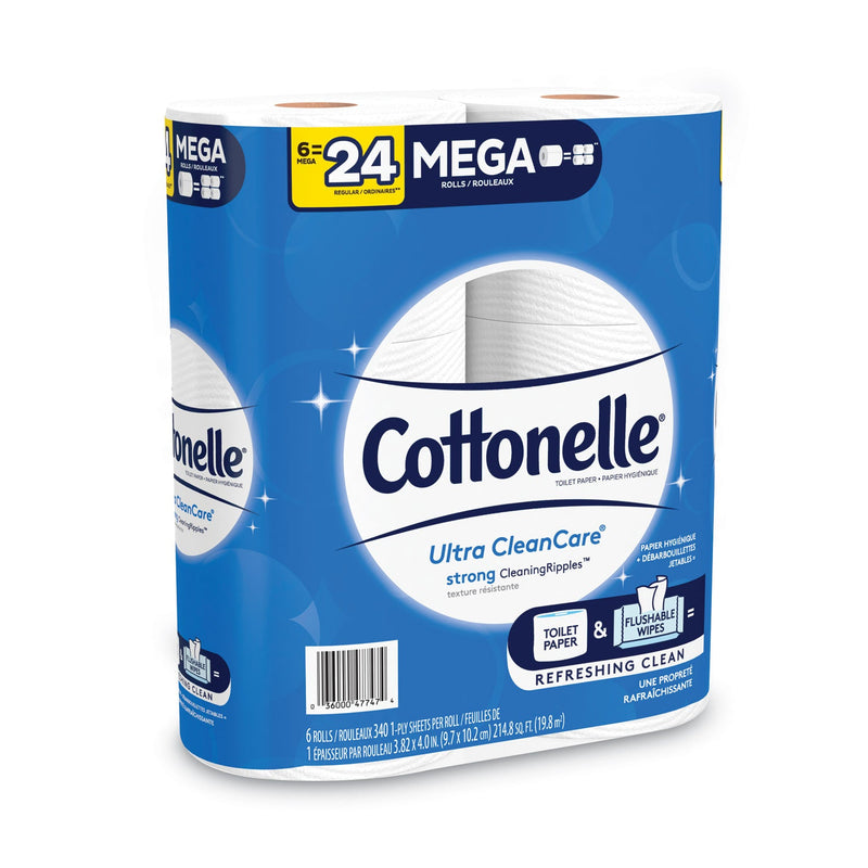 Cottonelle Ultra CleanCare Toilet Paper, Strong Tissue, Mega Rolls, Septic Safe, 1-Ply, White, 340 Sheets/Roll, 6 Rolls/Pk, 6 Pks/Carton