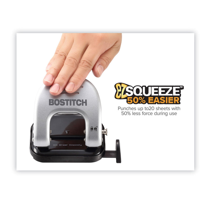 Bostitch 20-Sheet EZ Squeeze Two-Hole Punch, 9/32" Holes, Black/Silver