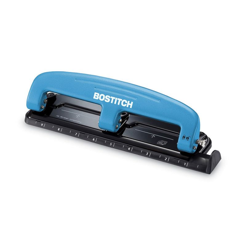 Bostitch 12-Sheet EZ Squeeze Three-Hole Punch, 9/32" Holes, Blue/Black