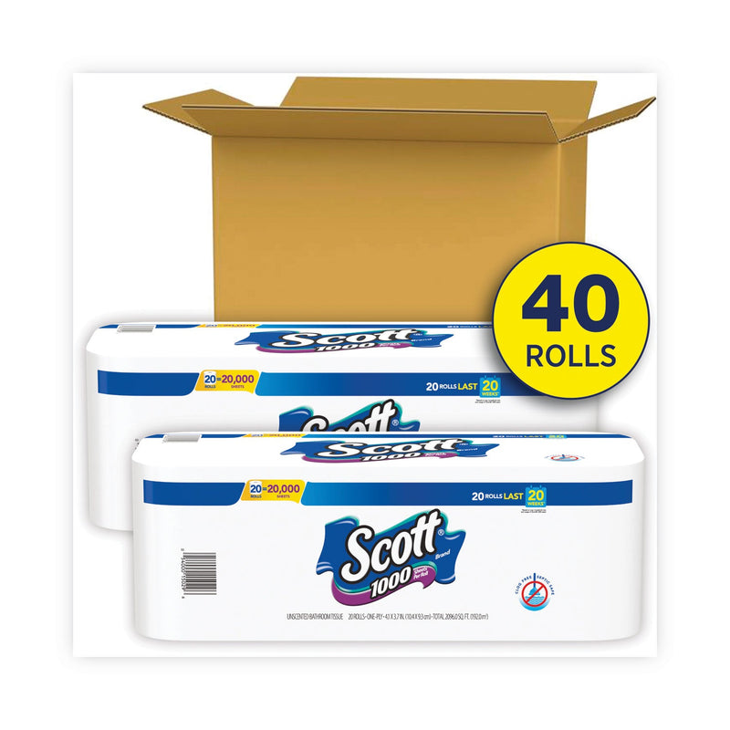 Scott Standard Roll Bathroom Tissue, Septic Safe, 1-Ply, White, 1,000 Sheets/Roll, 20/Pack, 2 Packs/Carton