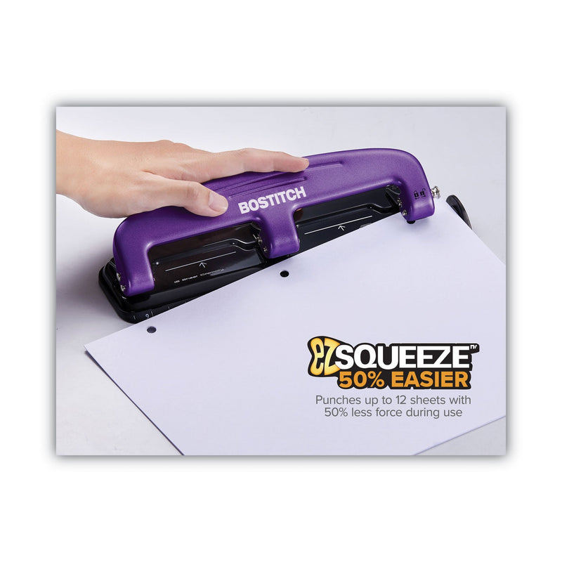 Bostitch 12-Sheet EZ Squeeze Three-Hole Punch, 9/32" Holes, Purple/Black