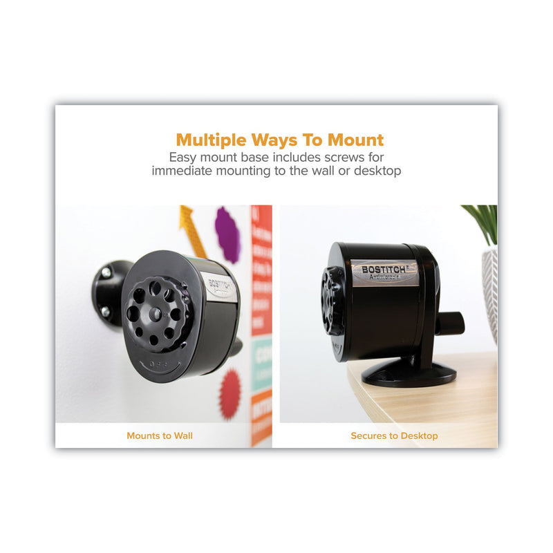 Bostitch Antimicrobial Manual Pencil Sharpener, Manually-Powered, 5.44 x 2.69 x 4.33, Black