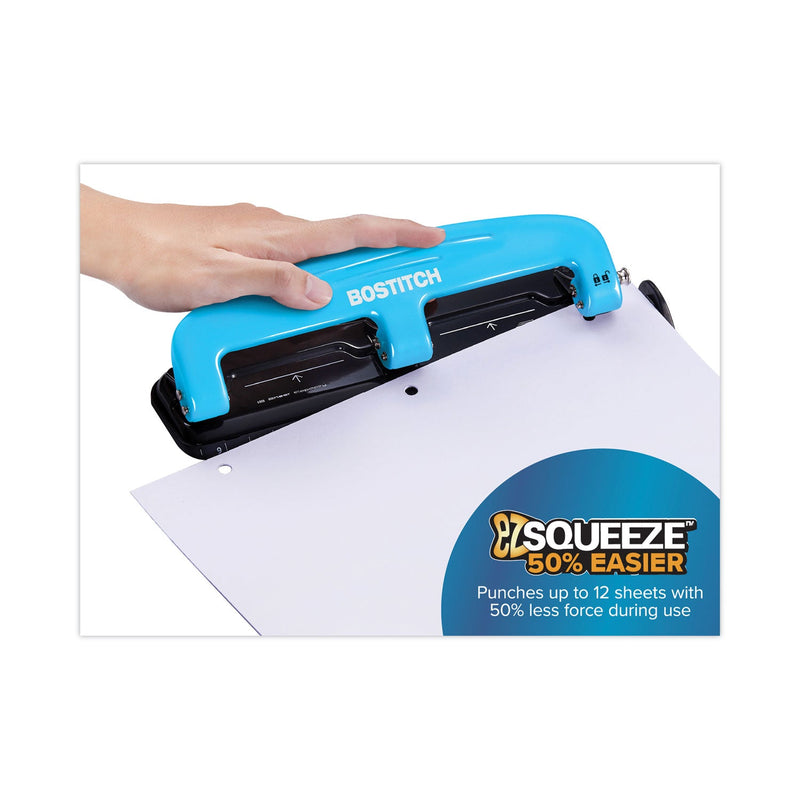 Bostitch 12-Sheet EZ Squeeze Three-Hole Punch, 9/32" Holes, Blue/Black