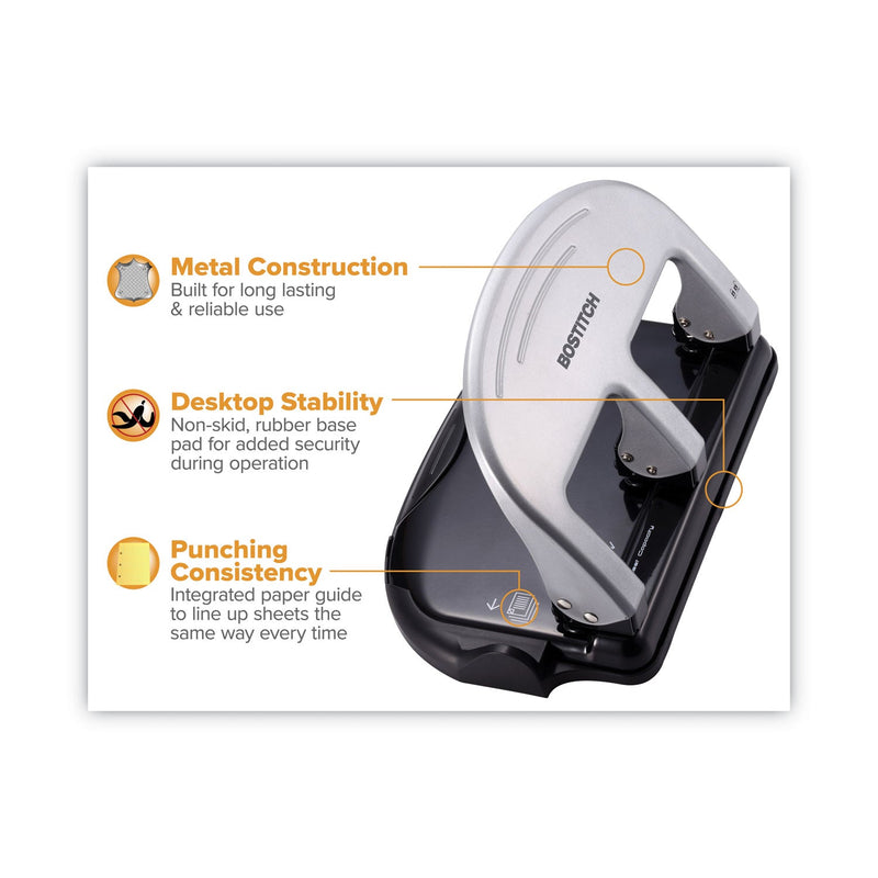 Bostitch 40-Sheet EZ Squeeze Three-Hole Punch, 9/32" Holes, Black/Silver