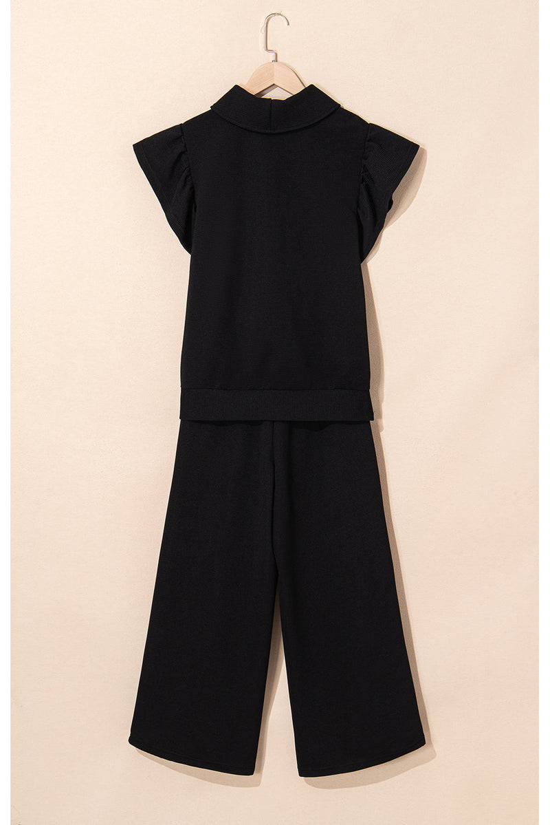 Kallie Ruffled Sleeve Zipped Top and Wide Leg Pants Set