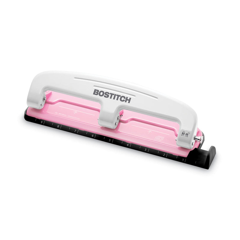 Bostitch 12-Sheet EZ Squeeze InCourage Three-Hole Punch, 9/32" Holes, Pink
