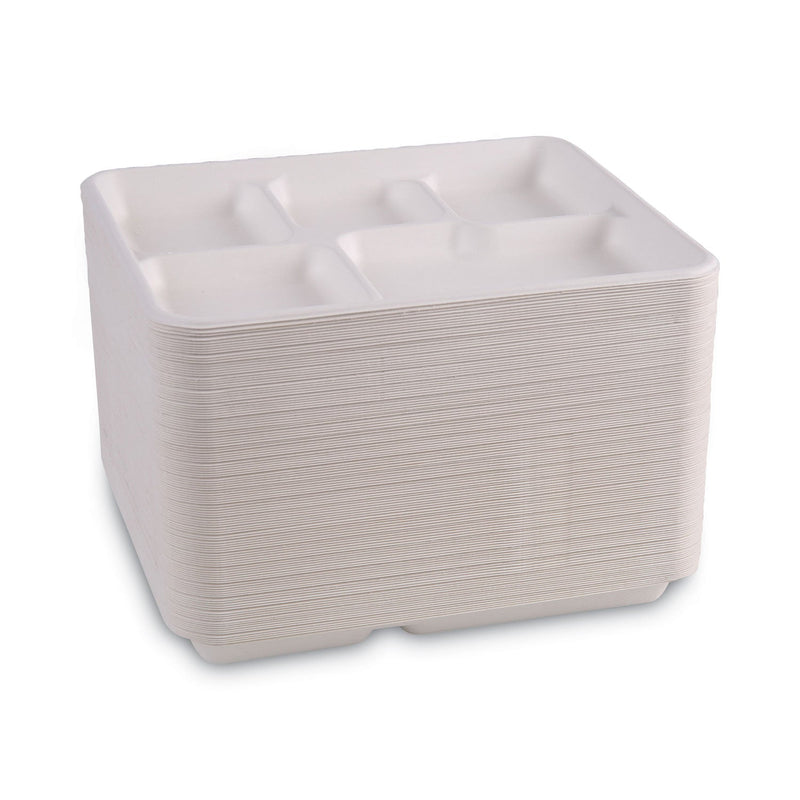 Boardwalk Bagasse Dinnerware, 5-Compartment Tray, 10 x 8, White, 500/Carton