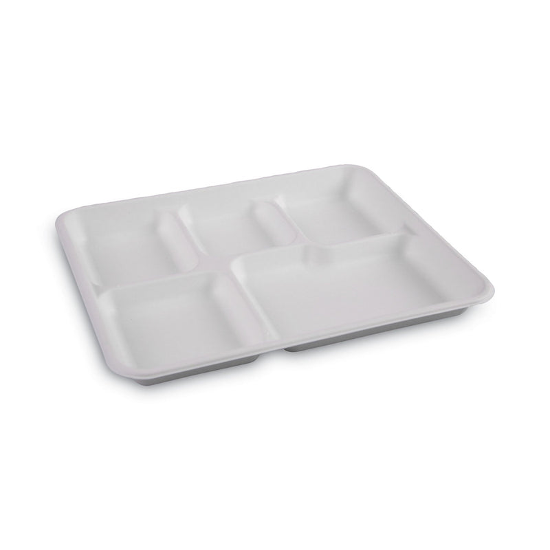 Boardwalk Bagasse Dinnerware, 5-Compartment Tray, 10 x 8, White, 500/Carton