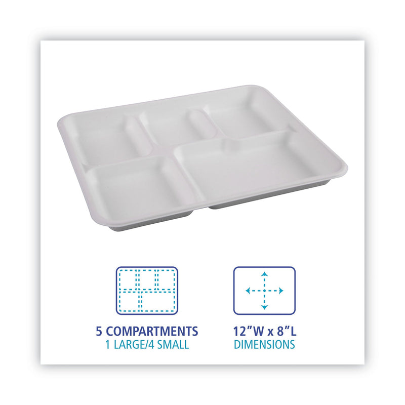 Boardwalk Bagasse Dinnerware, 5-Compartment Tray, 10 x 8, White, 500/Carton