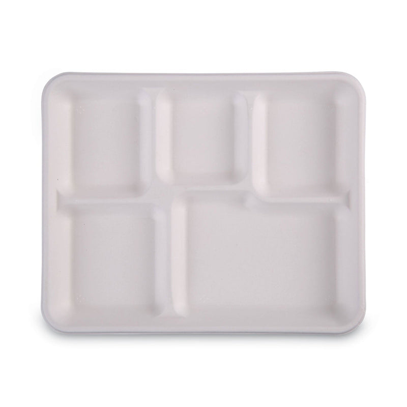 Boardwalk Bagasse Dinnerware, 5-Compartment Tray, 10 x 8, White, 500/Carton