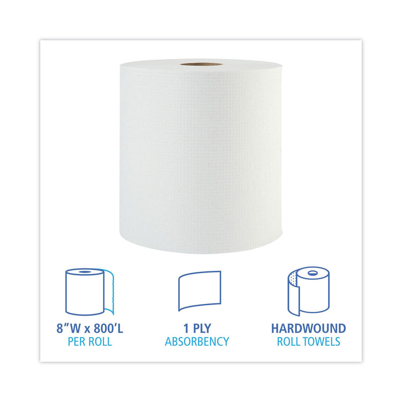 Boardwalk Hardwound Paper Towels, 1-Ply, 8" x 800 ft, White, 6 Rolls/Carton