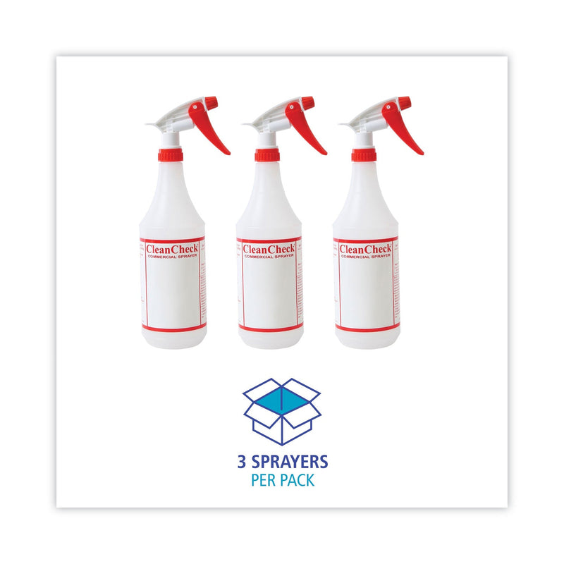 Boardwalk Trigger Spray Bottle, 32 oz, Clear/Red, HDPE, 3/Pack