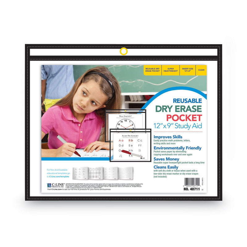 C-Line Reusable Dry Erase Pockets, 12 x 9, Black