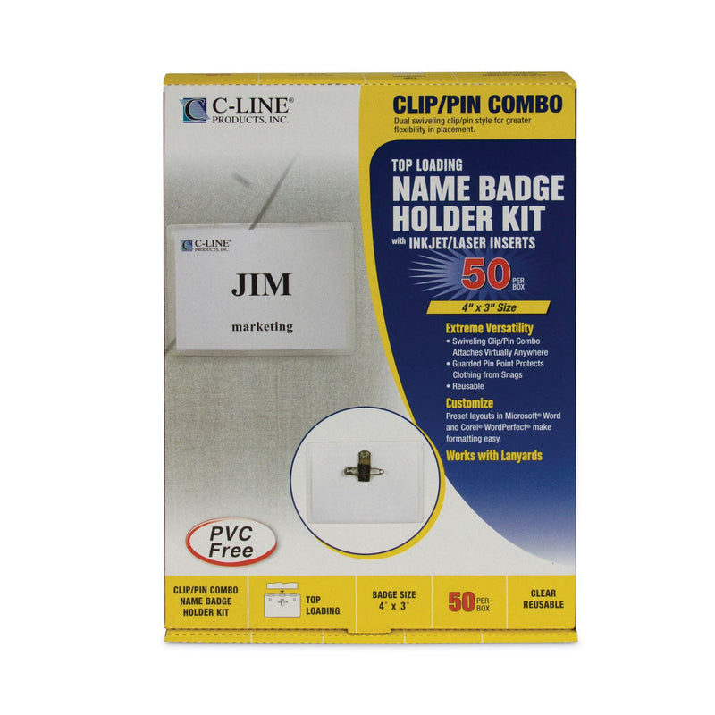 C-Line Name Badge Kits, Top Load, 4 x 3, Clear, Combo Clip/Pin, 50/Box