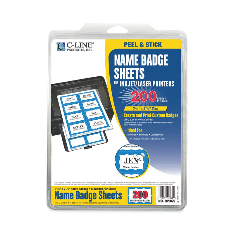 C-Line Laser Printer Name Badges, 3 3/8 x 2 1/3, White/Blue, 200/Box