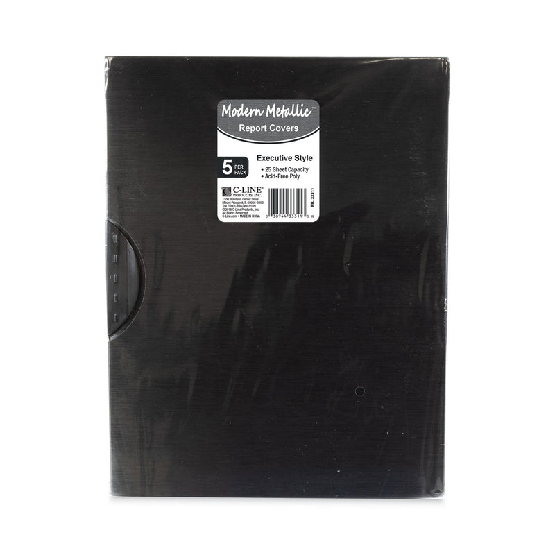 C-Line Modern Metallic Executive Style Report Cover, Swing Clip, 8.5 x 11, Black/Black, 5/Pack