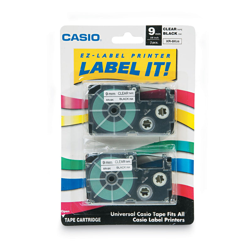 Casio Tape Cassettes for KL Label Makers, 0.37" x 26 ft, Black on Clear, 2/Pack
