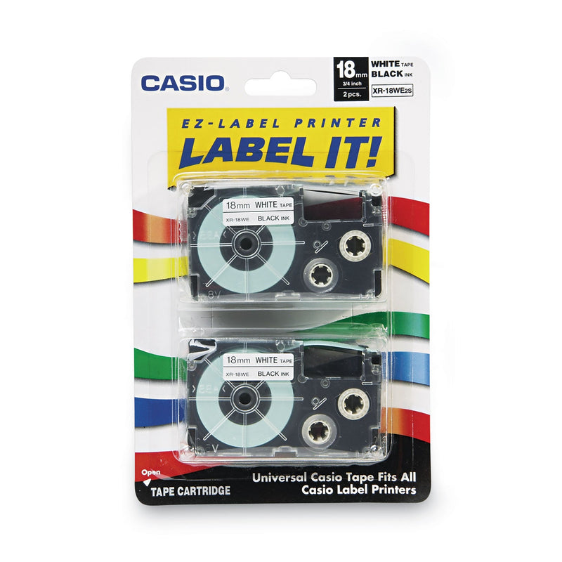 Casio Tape Cassettes for KL Label Makers, 0.75" x 26 ft, Black on White, 2/Pack
