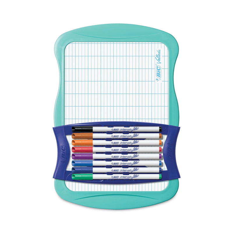 BIC Intensity Dry Erase Board/Markers Kit, 9 Markers/Dual-Sided Dry Erase Board, 7.8 x 11.8, White Surface, Plastic Blue Frame
