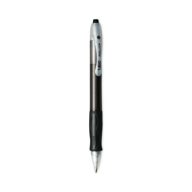 BIC Velocity Easy Glide Ballpoint Pen, Retractable, Medium 1 mm, Black Ink, Translucent Black Barrel, Dozen