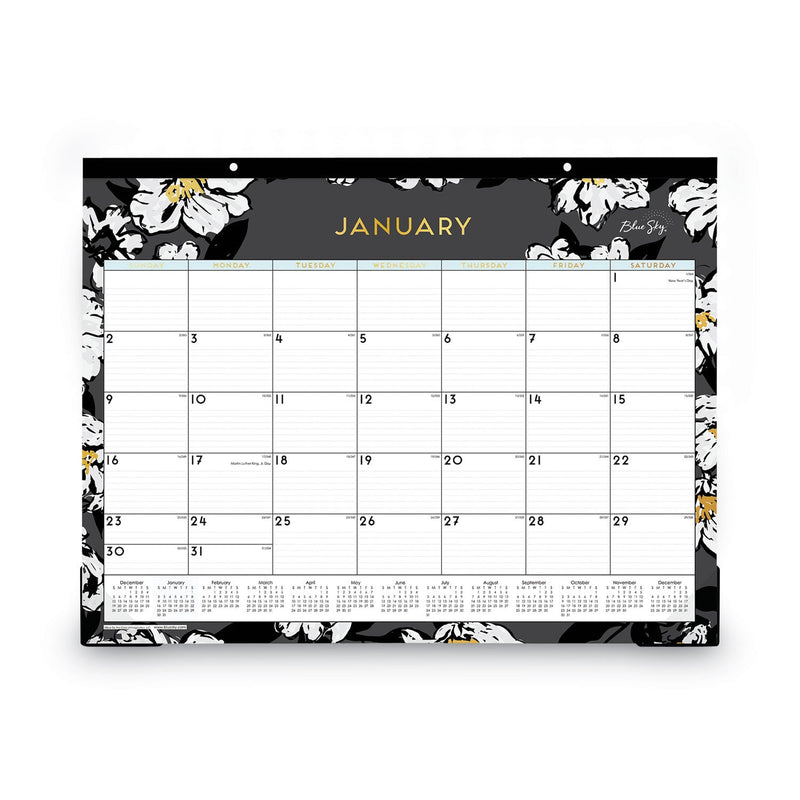 Blue Sky Baccara Dark Desk Pad, Baccara Dark Floral Artwork, 22 x 17, White/Black Sheets, Black Binding, Clear Corners, 2023