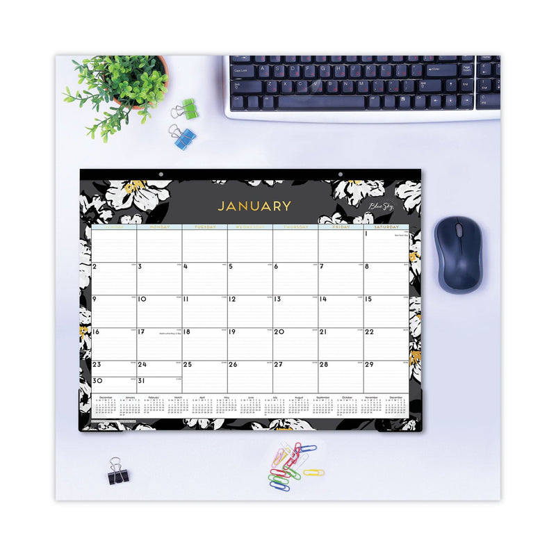 Blue Sky Baccara Dark Desk Pad, Baccara Dark Floral Artwork, 22 x 17, White/Black Sheets, Black Binding, Clear Corners, 2023