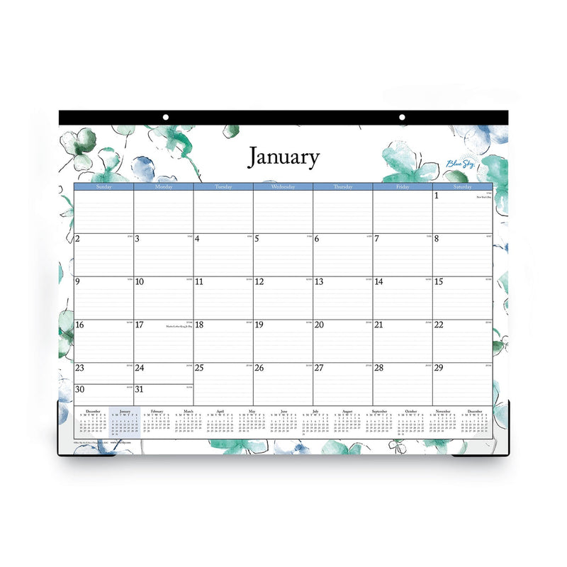 Blue Sky Lindley Desk Pad, Floral Artwork, 22 x 17, White/Blue/Green Sheets, Black Binding, Clear Corners, 12-Month (Jan-Dec): 2023