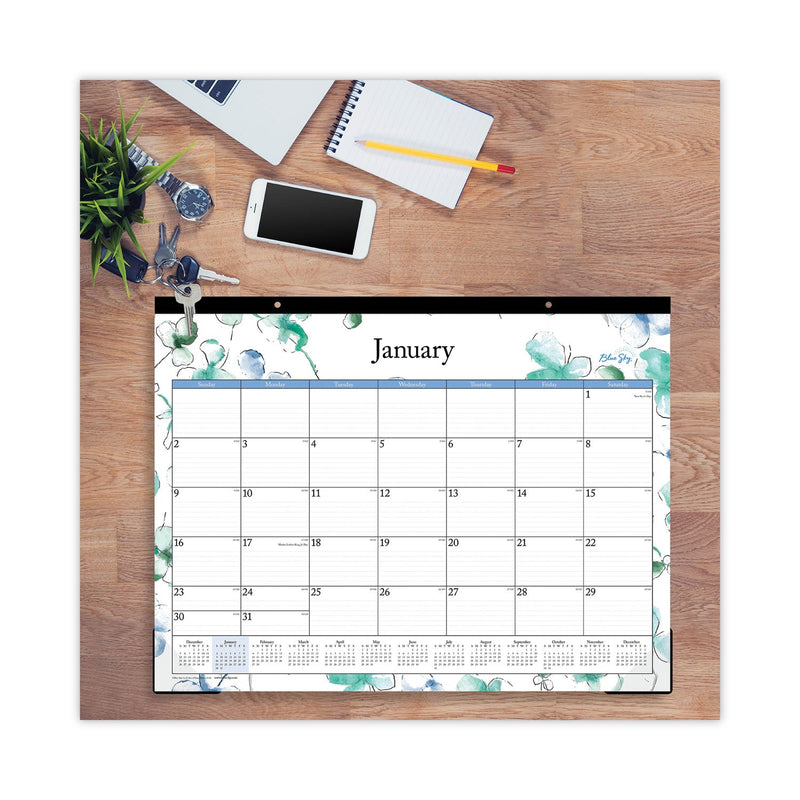 Blue Sky Lindley Desk Pad, Floral Artwork, 22 x 17, White/Blue/Green Sheets, Black Binding, Clear Corners, 12-Month (Jan-Dec): 2023