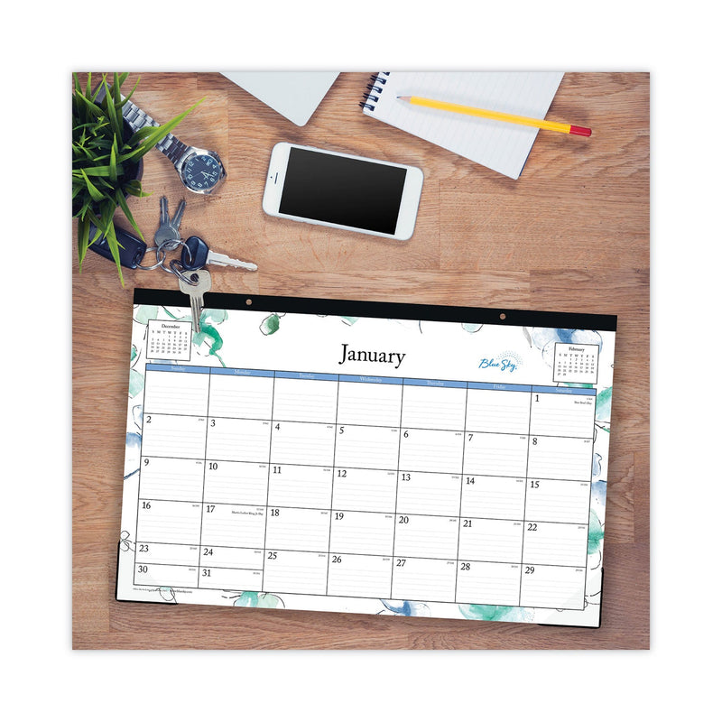 Blue Sky Lindley Desk Pad, Floral Artwork, 17 x 11, White/Blue/Green Sheets, Black Binding, Clear Corners, 12-Month (Jan-Dec): 2023