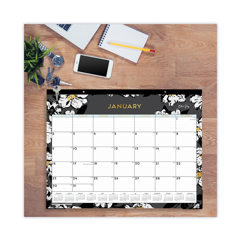 Blue Sky Baccara Dark Desk Pad, Baccara Dark Floral Artwork, 22 x 17, White/Black Sheets, Black Binding, Clear Corners, 2023