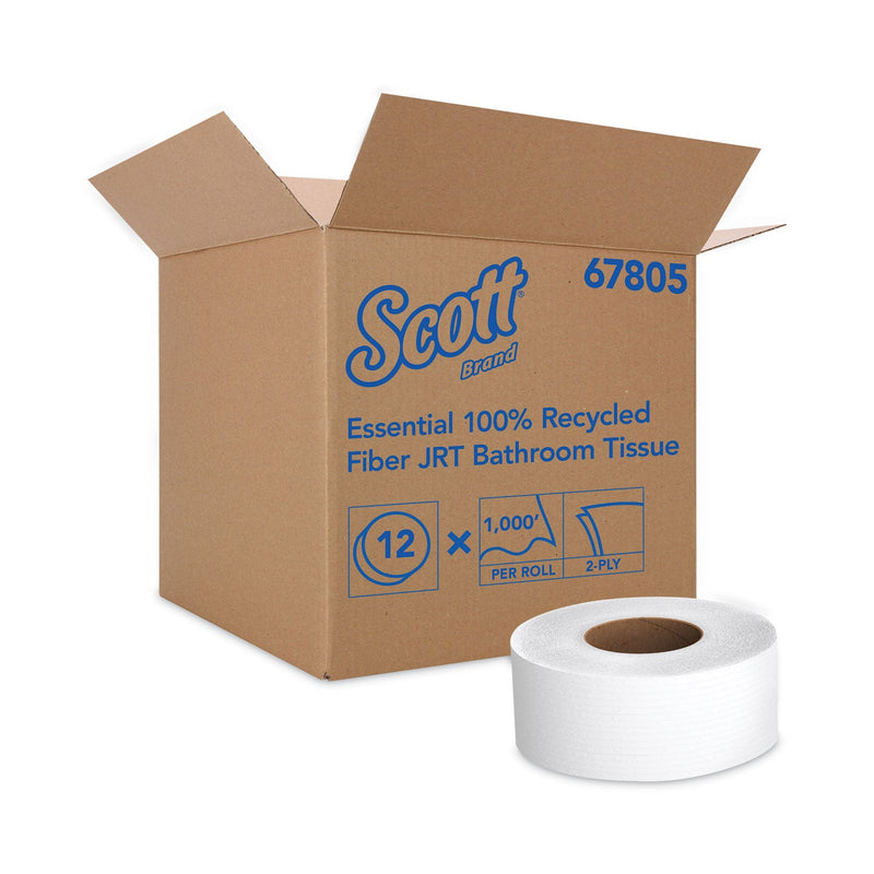 Scott Essential 100% Recycled Fiber JRT Bathroom Tissue for Business, Septic Safe, 2-Ply, White, 3.55" x 1,000 ft, 12 Rolls/Carton