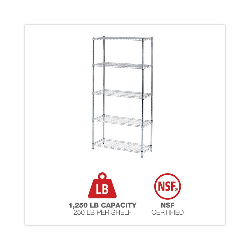 Alera Residential Wire Shelving, Five-Shelf, 36w x 14d x 72h, Silver