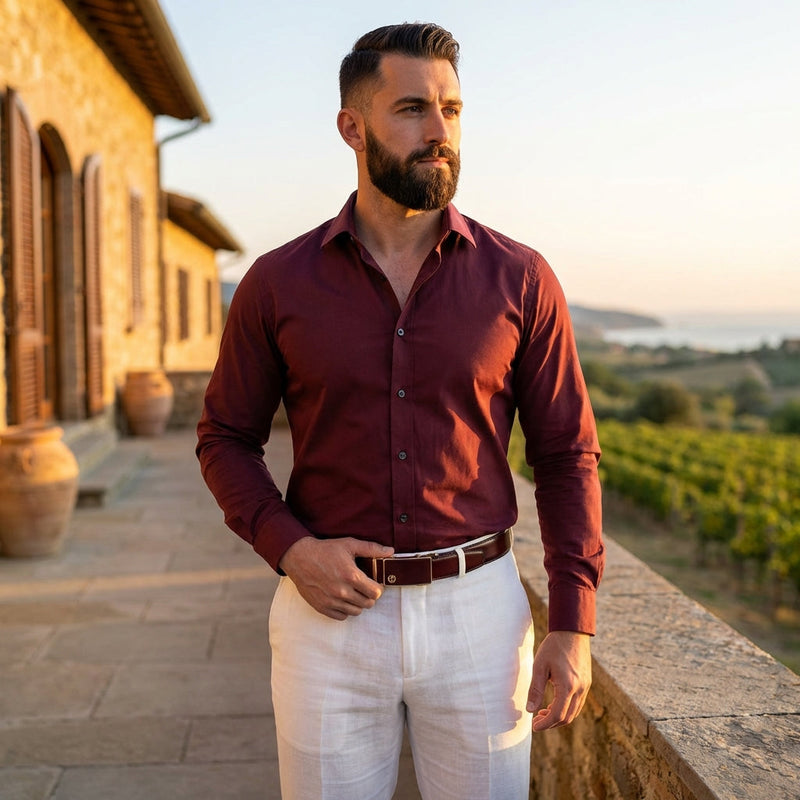 Burgundy Italian Leather Ratchet Belt for Men – Handmade Luxury Smart Belt