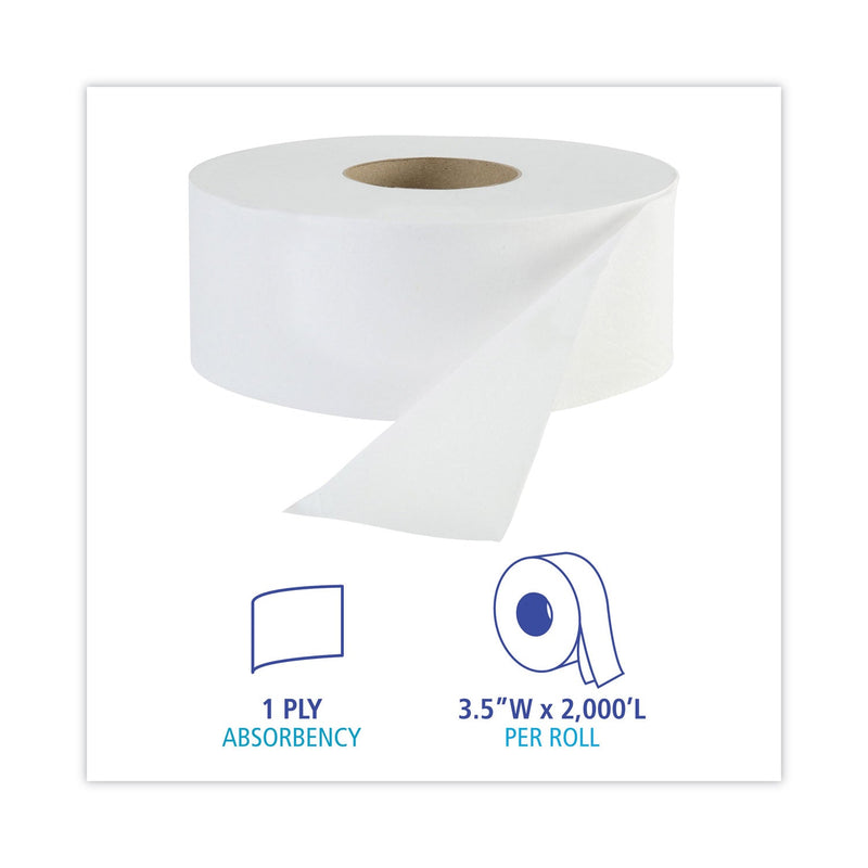 Boardwalk JRT Jr. Bath Tissue, Jumbo, Septic Safe, 1-Ply, White, 3.3" x 2,000 ft, 12/Carton