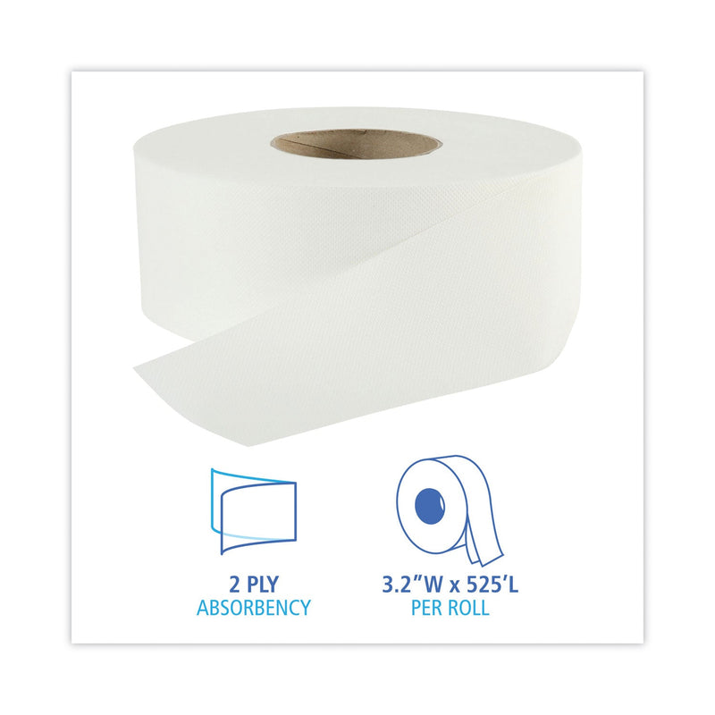 Boardwalk Jumbo Roll Bathroom Tissue, Septic Safe, 2-Ply, White, 3.2" x 525 ft, 12 Rolls/Carton