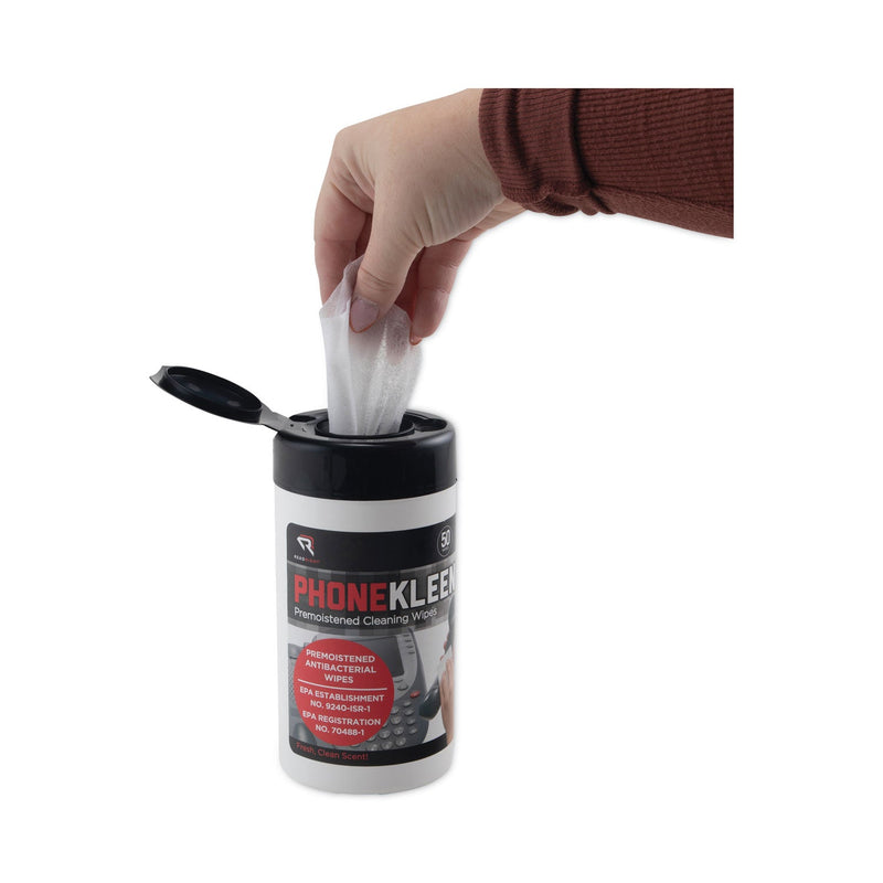 Read Right PhoneKleen Wet Wipes, Cloth, 5 x 5, 50/Tub
