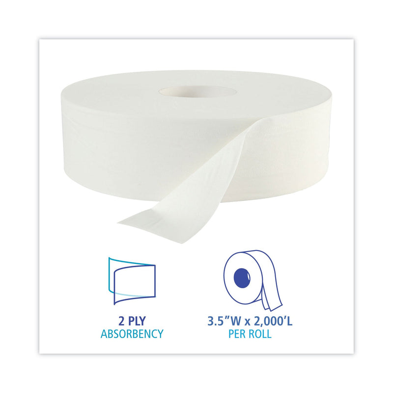 Boardwalk JRT Bath Tissue, Jumbo, Septic Safe, 2-Ply, White, 3.5" x 2,000 ft, 6 Rolls/Carton