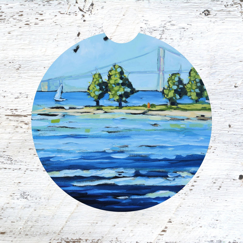 Car Coaster:  Sailing at Mackinac Bridge - Mackinac Island . Artist Christi Dreese