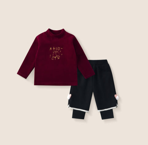 Sweatshirt Set Winter Fleece-Lined Thickened One-Piece Fleece Baby Korean-Style Fake Two-Piece Pants Set